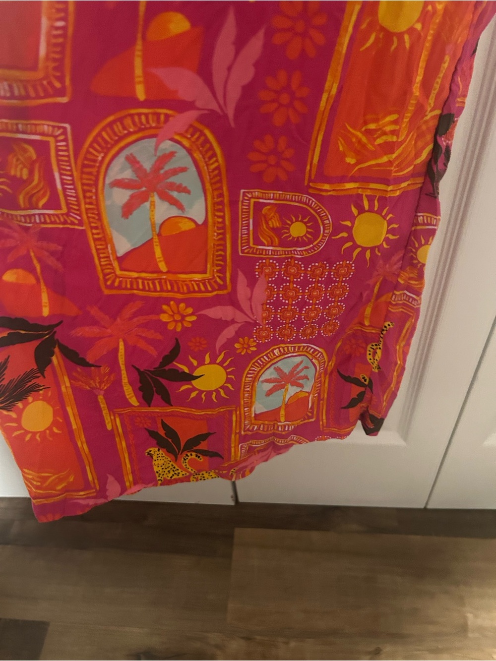🐆 Bright Pink orange Tropical palm cheetah Print Wide-Leg Jumpsuit tie straps - Picture 8 of 8